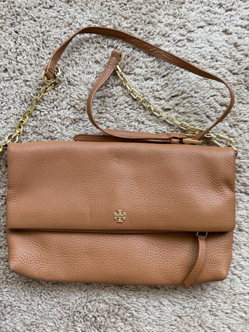 Tory Burch Caramel Pebbled Leather Shoulder Bag with Gold Chain